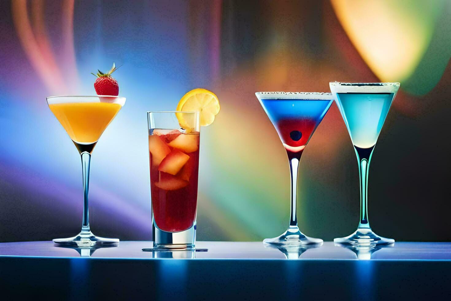 vier verschillend gekleurde cocktails Aan een tafel. ai-gegenereerd foto