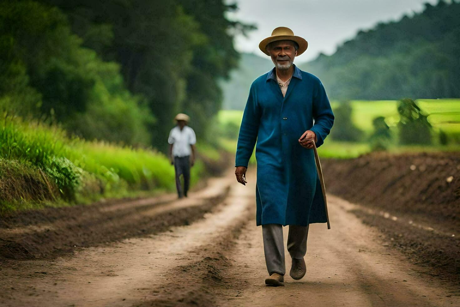 een oud Mens wandelen naar beneden een aarde weg. ai-gegenereerd foto