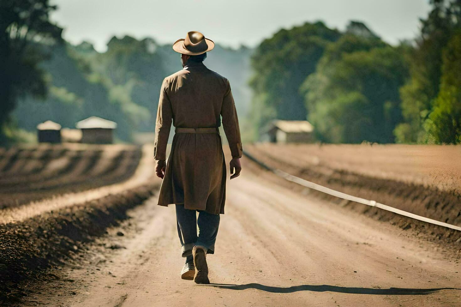 een Mens in een hoed en loopgraaf jas wandelingen naar beneden een aarde weg. ai-gegenereerd foto