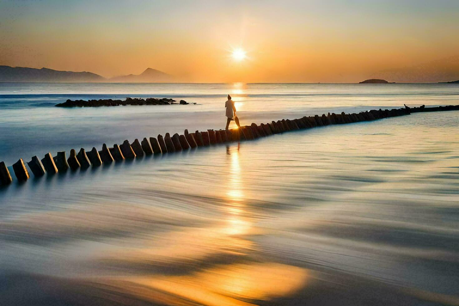 een Mens staand Aan een houten pier Bij zonsondergang. ai-gegenereerd foto