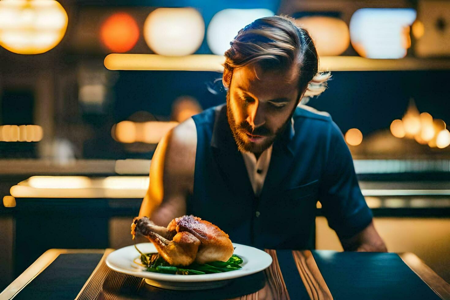 een Mens is aan het eten een kip Aan een bord. ai-gegenereerd foto