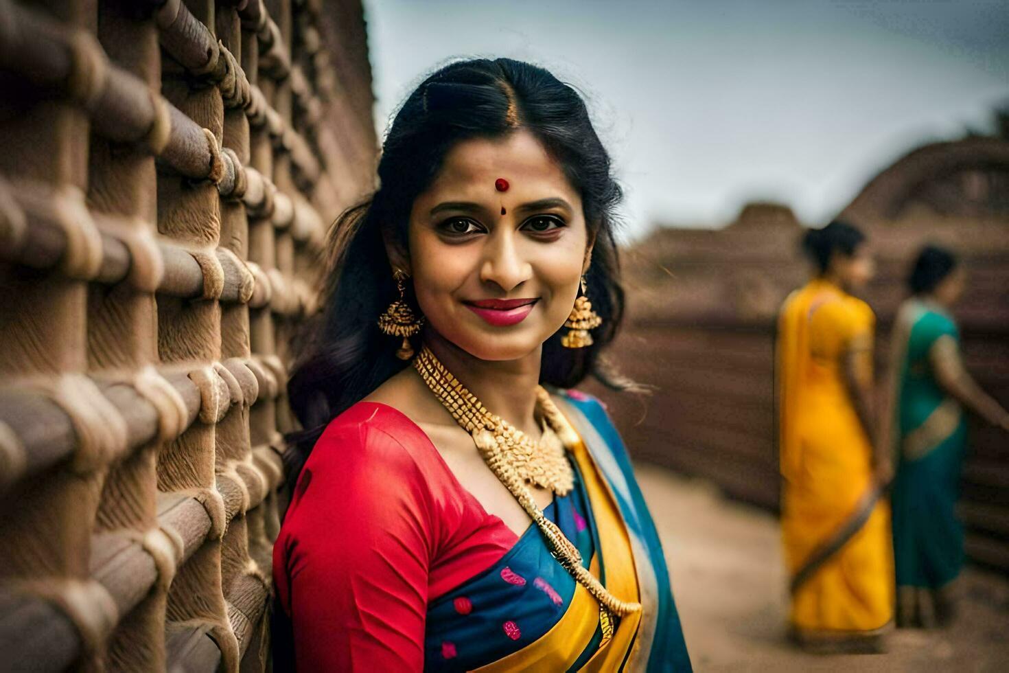 een vrouw in een sari poses voor een foto. ai-gegenereerd foto
