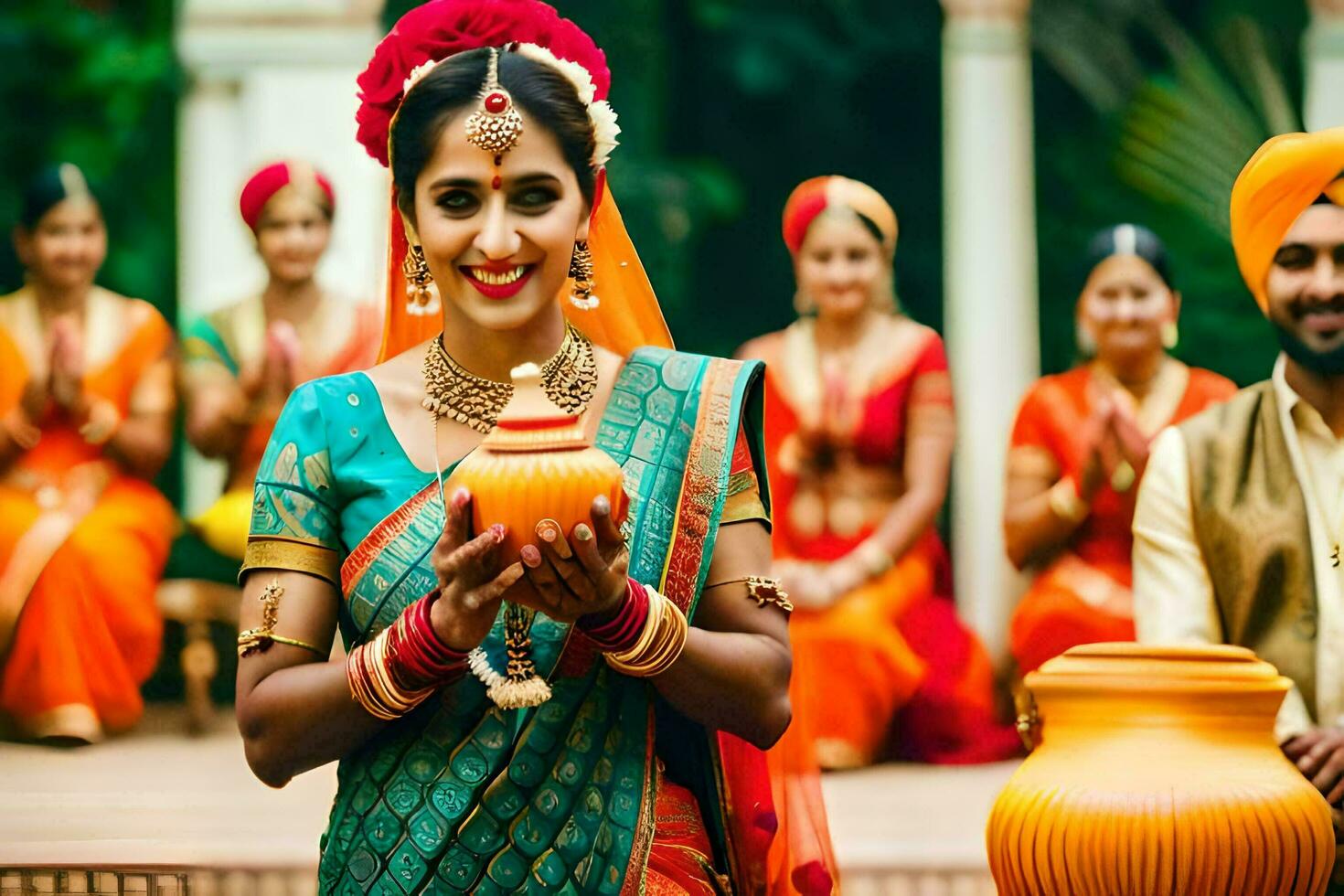 een vrouw in traditioneel Indisch kleding Holding een pot. ai-gegenereerd foto