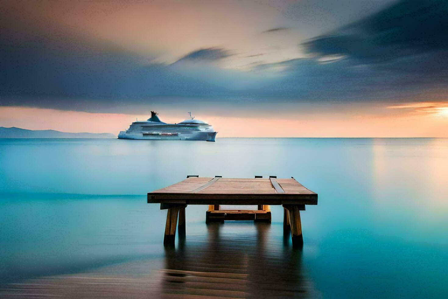 een reis schip in de oceaan Bij zonsondergang. ai-gegenereerd foto