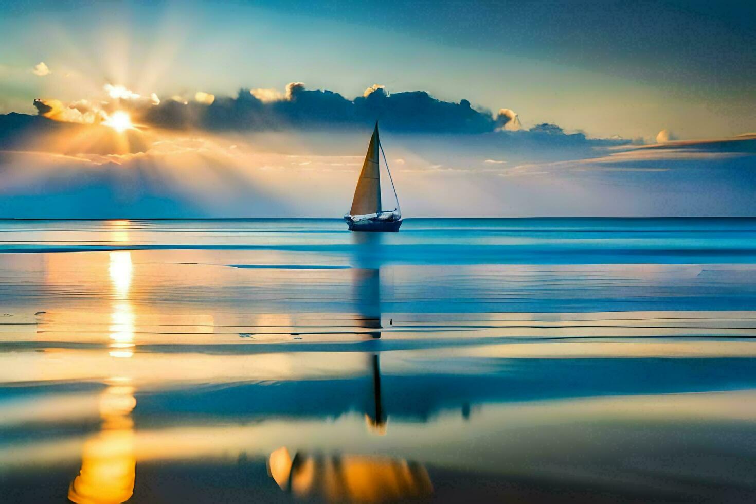 een zeilboot is het zeilen Aan de oceaan Bij zonsondergang. ai-gegenereerd foto