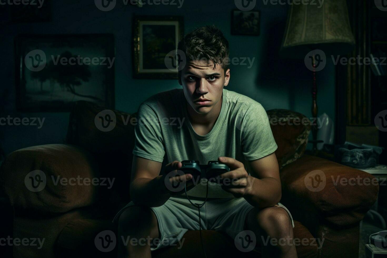 jong Mens spelen video spellen Bij huis. genereren ai foto