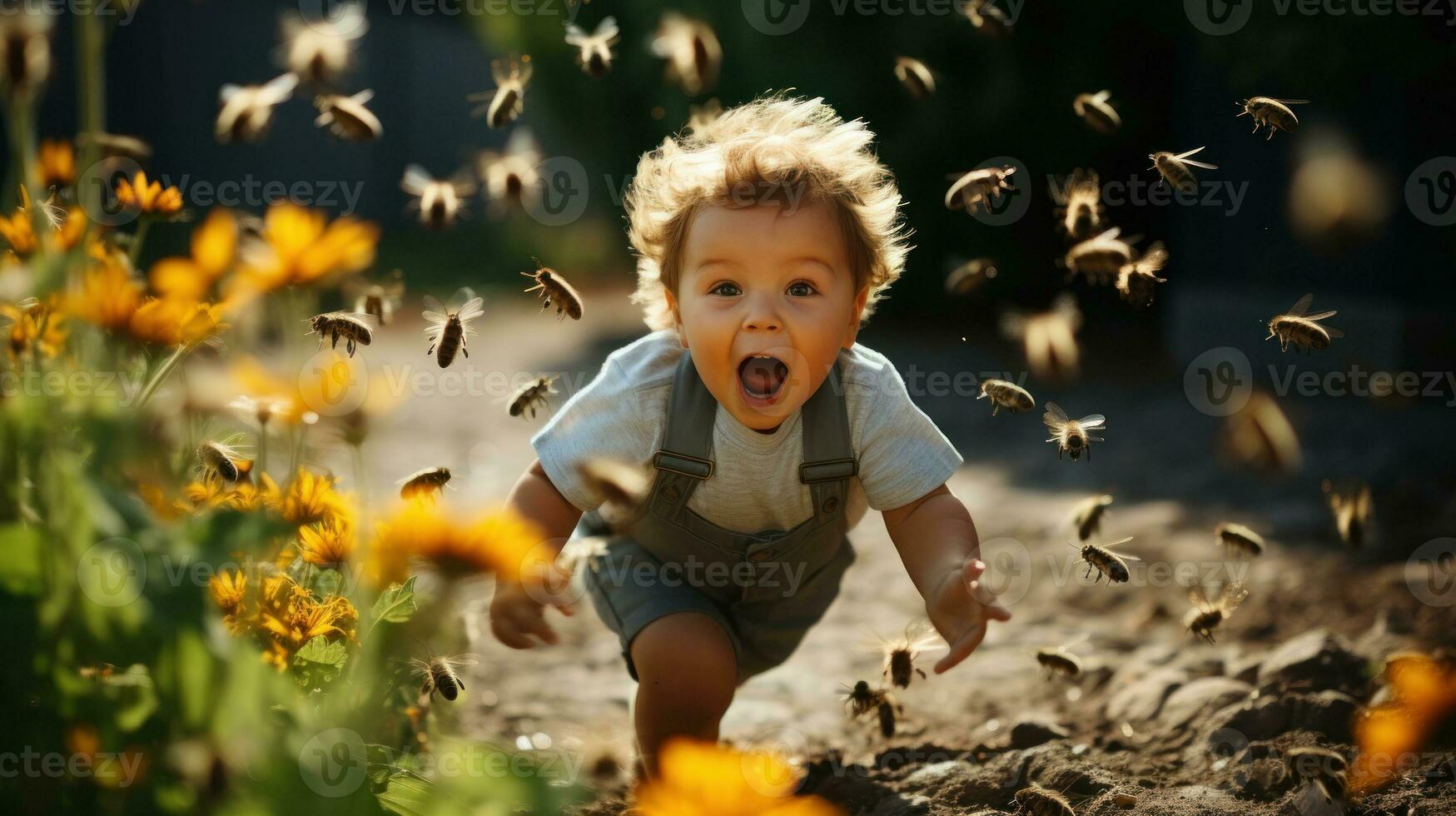 weinig jongen loopt weg van een zwerm van bijen. emotioneel kind bang bij. insect fobie foto