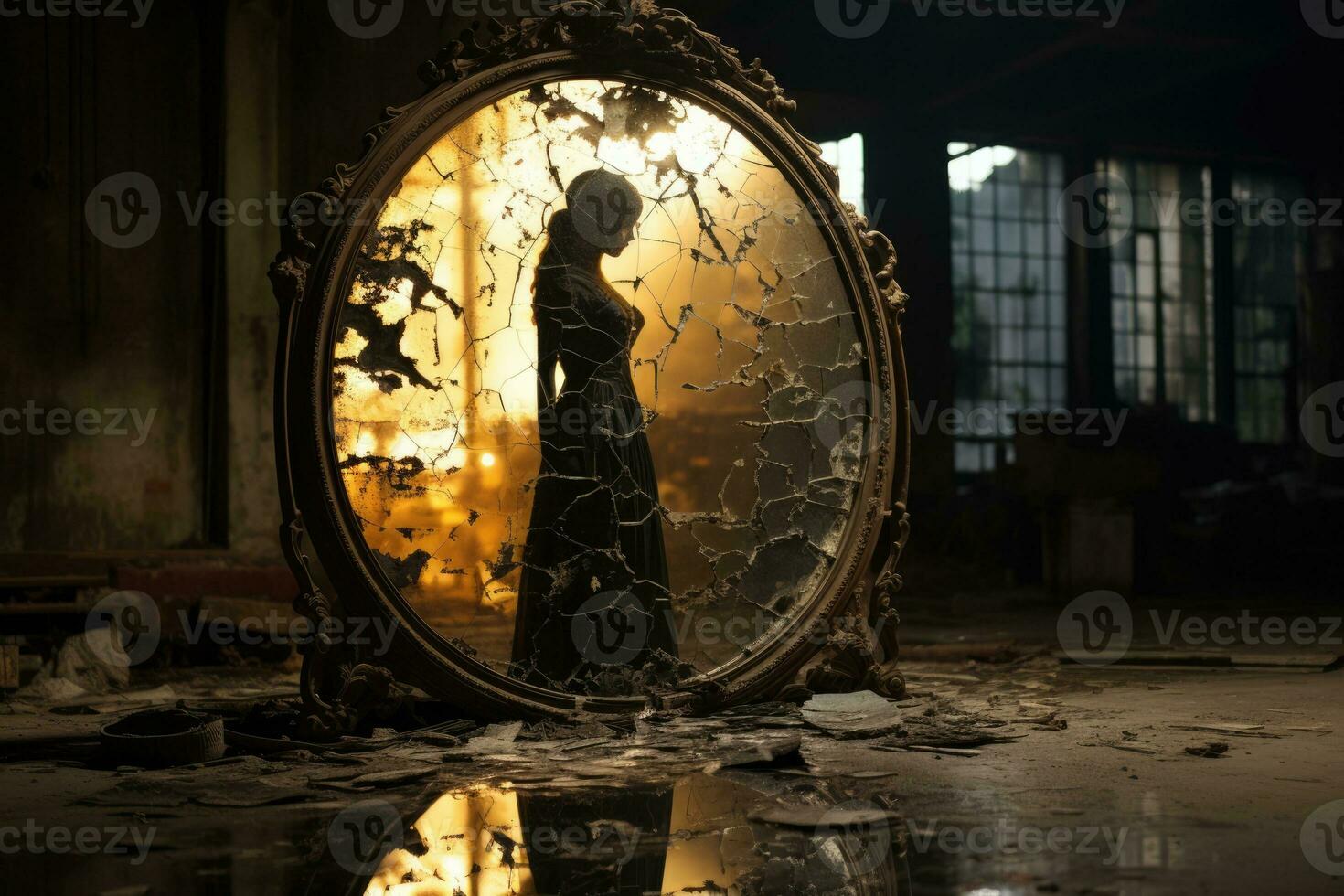 fantoom silhouet gespiegeld in de reflectie van een antiek gebarsten spiegel foto