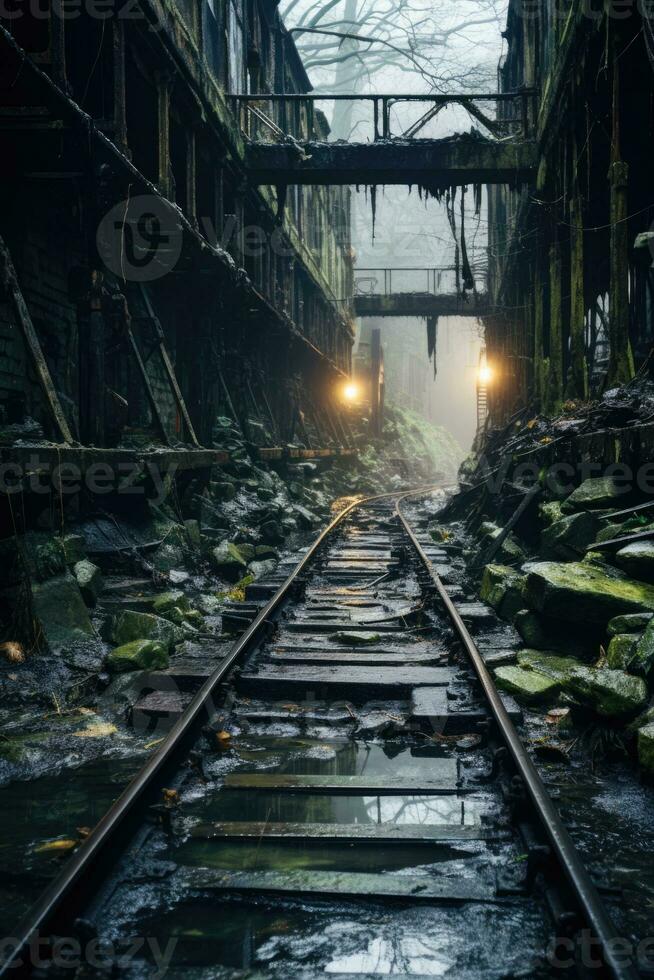 geest trein komt tevoorschijn van de nevel aan de overkant een vervallen spectraal spoorweg brug foto