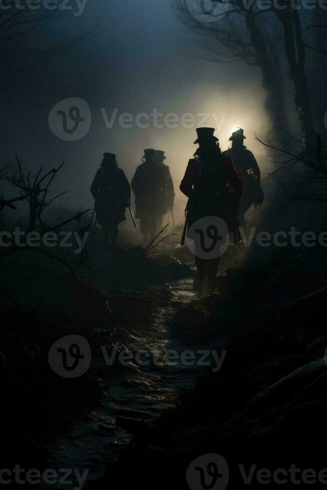 spookachtig soldaten het marcheren Aan nevelig Moor lit historisch slagvelden Bij middernacht foto