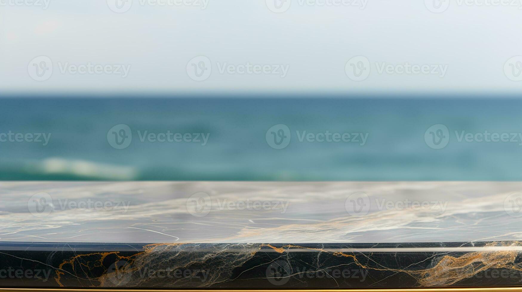 detailopname van een zwart en goud marmeren tafel met een oceaan wazig achtergrond, ideaal voor Product plaatsing concepten in elegant interieur ontwerp met een ontspannende oceaan visie, ai generatief foto