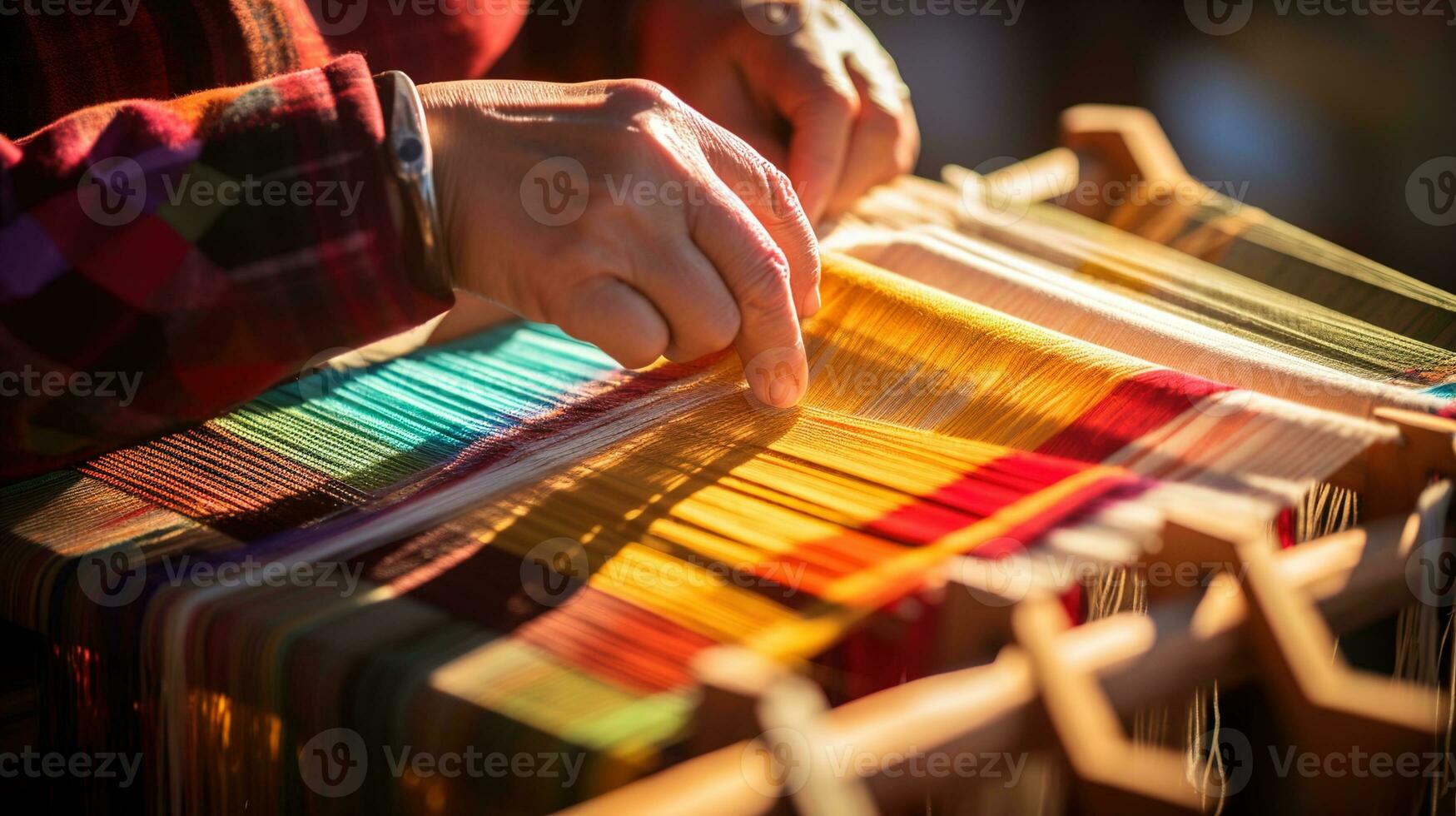 vieren modern traditioneel erfgoed ambacht, detailopname van handen het weven een kleurrijk textiel Aan een houten weefgetouw met kopiëren ruimte voor creatief uitdrukkingen, ai generatief foto
