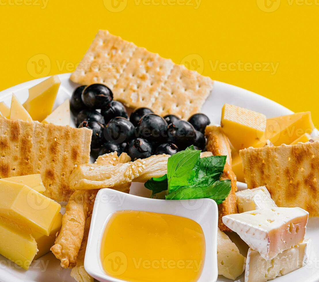 verschillend types van kaas Aan een wit bord foto