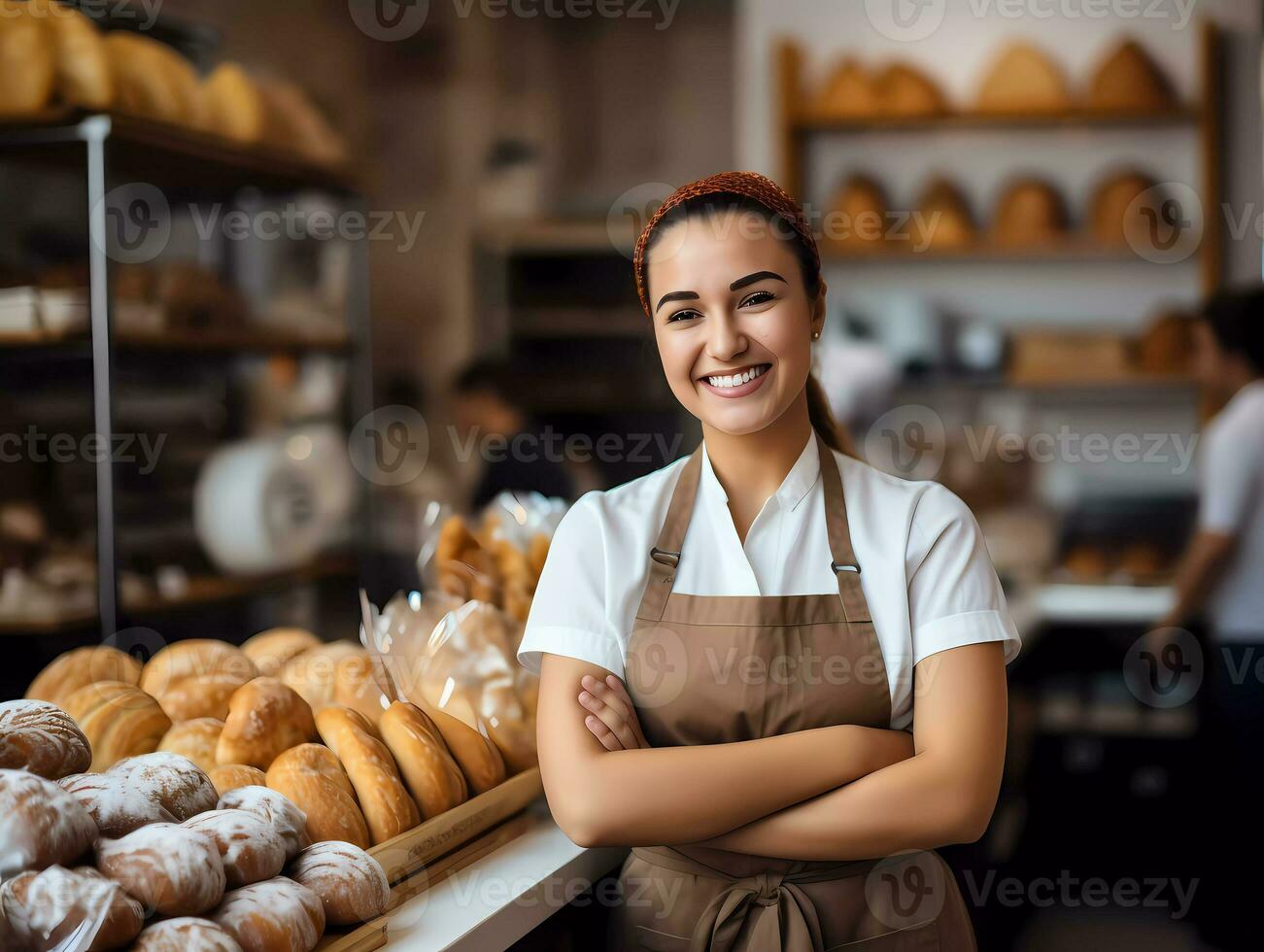 ai gegenereerd glimlachen bakker vrouw staand met vers brood Bij bakkerij. tevreden bakker met brood in achtergrond. kopiëren ruimte foto