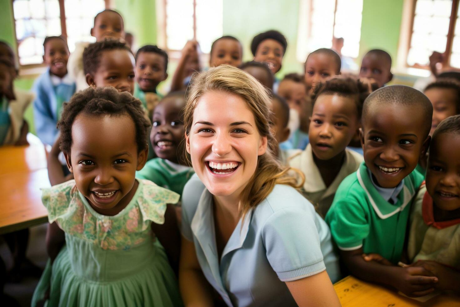 een vreugdevol tafereel glimlachen kinderen en leraar in een klas foto