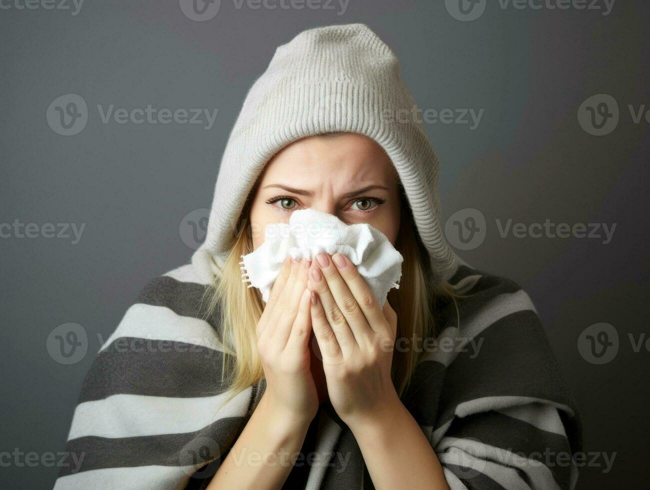 vrouw is getoond lijden van verkoudheid met vloeibaar neus- Aan grijs achtergrond ai generatief foto