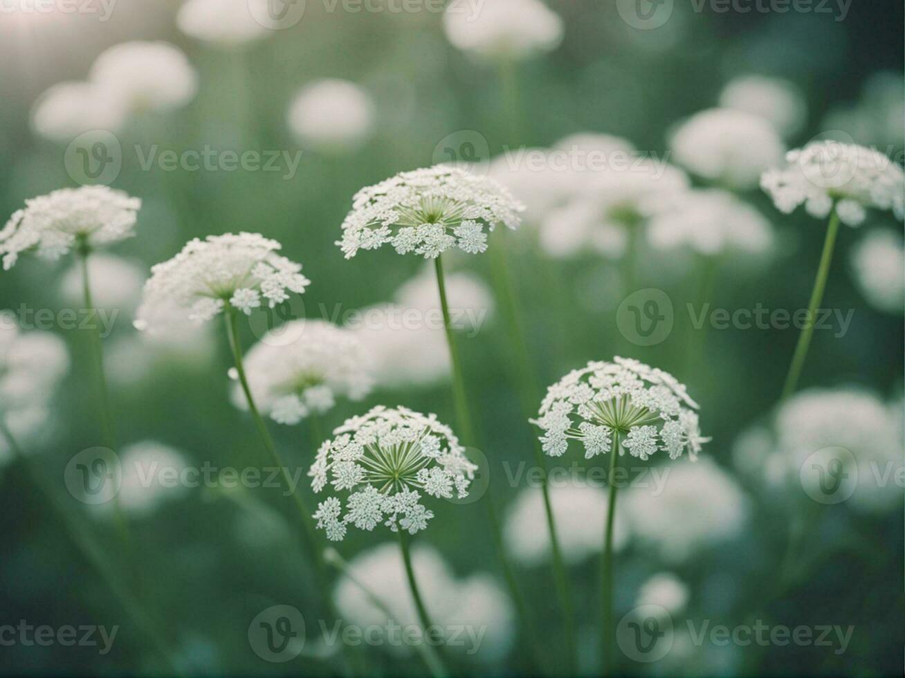 mooi weide wild gras in warm zonlicht. schoonheid natuur veld- achtergrond wit klein bloemen in de het formulier van een parachute Aan een groen wazig achtergrond ai-gegenereerd foto