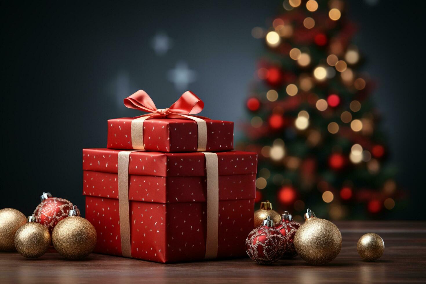 ai generatief achtergrond van Kerstmis boom en rood geschenk doos Aan een Kerstmis leeg achtergrond met kopiëren ruimte foto