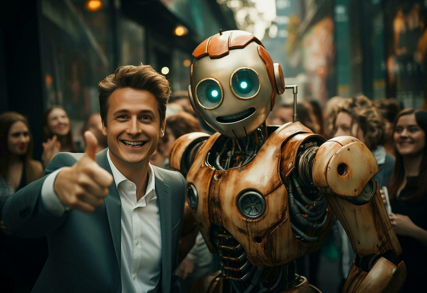 ai generatief Mens in een pak en stropdas is nemen een selfie met een robot foto