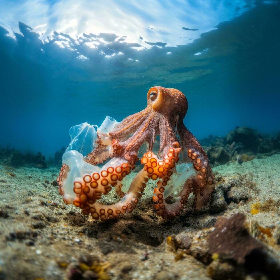 Octopus onderwater. plastic puin in haar tentakel. milieu vervuiling. - ai gegenereerd foto