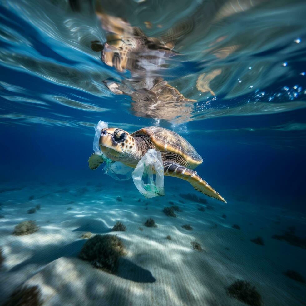schildpad met plastic stuk onderwater- - ai gegenereerd foto