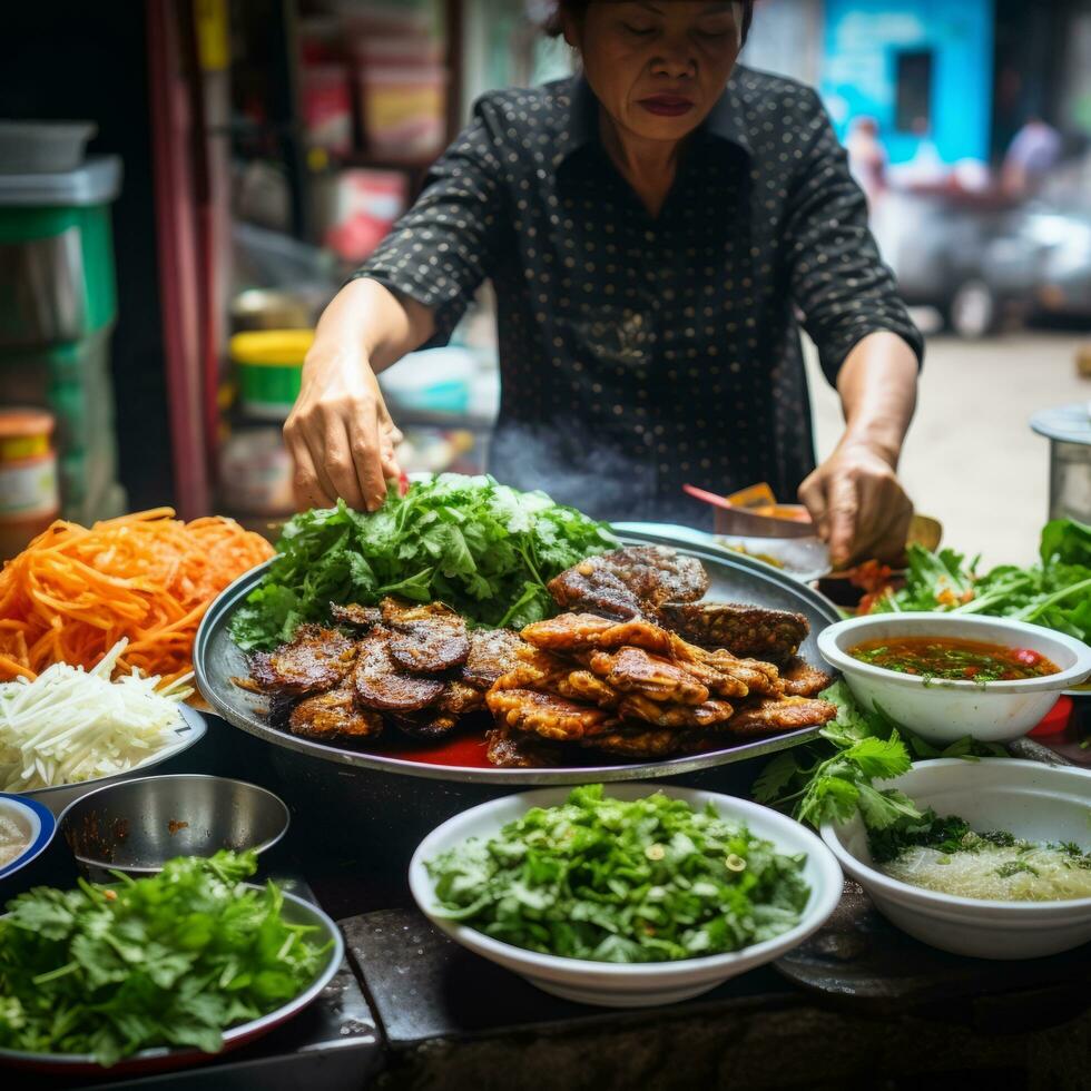 Vietnamees straat voedsel voorbereiding - ai gegenereerd foto