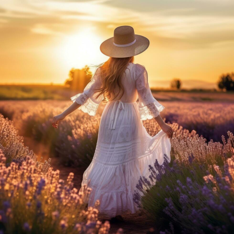 vrouw wandelen lavendel veld- - ai gegenereerd foto