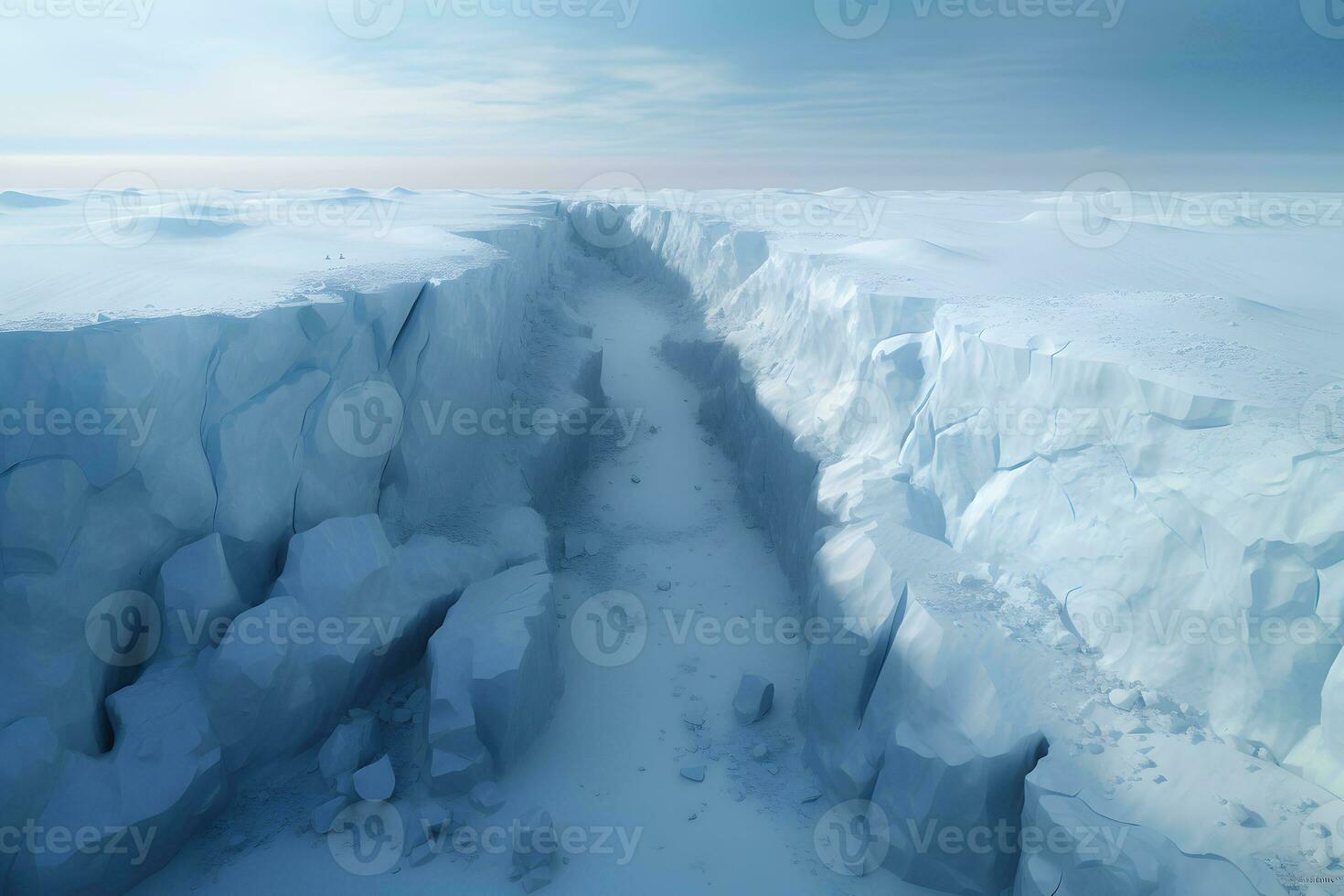 een lang en versmallen traject in de midden- van de drijvend ijs muren. ai gegenereerd foto