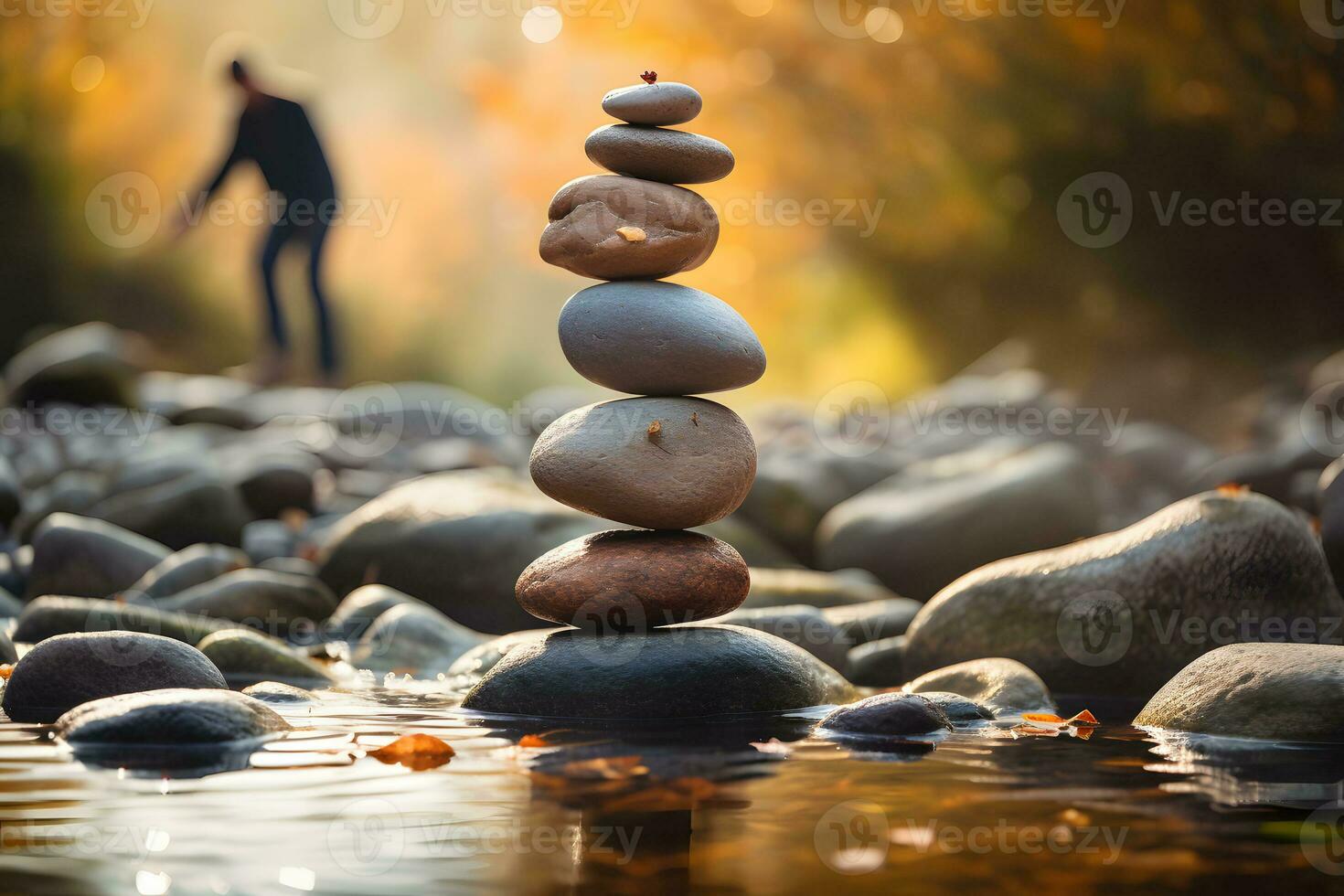 een evenwichtig rots vorming Aan een vloeiende rivier. ai gegenereerd foto