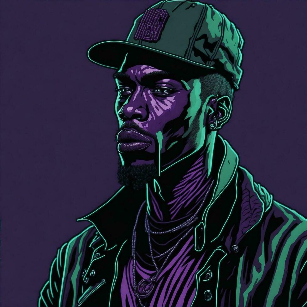 zwart rapper illustratie met duotoon stijl, Purper en groen kleur, ai generatief foto