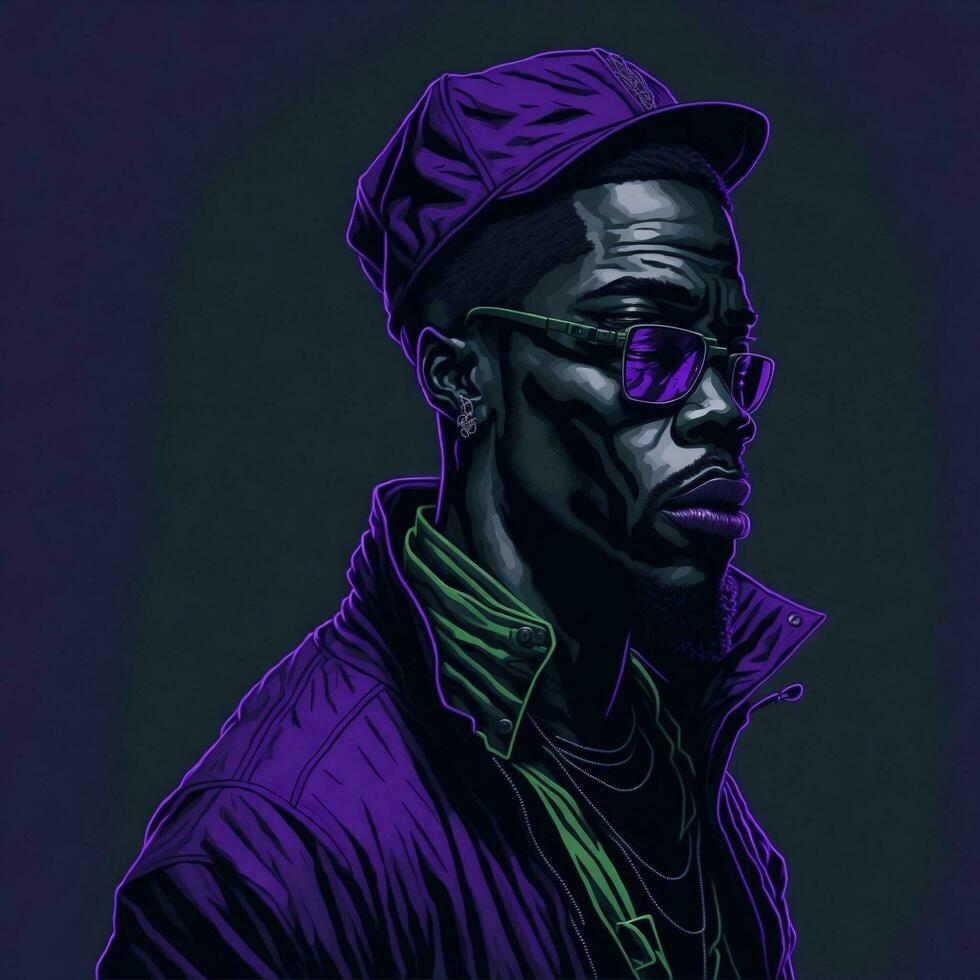 zwart rapper illustratie met duotoon stijl, Purper en groen kleur, ai generatief foto