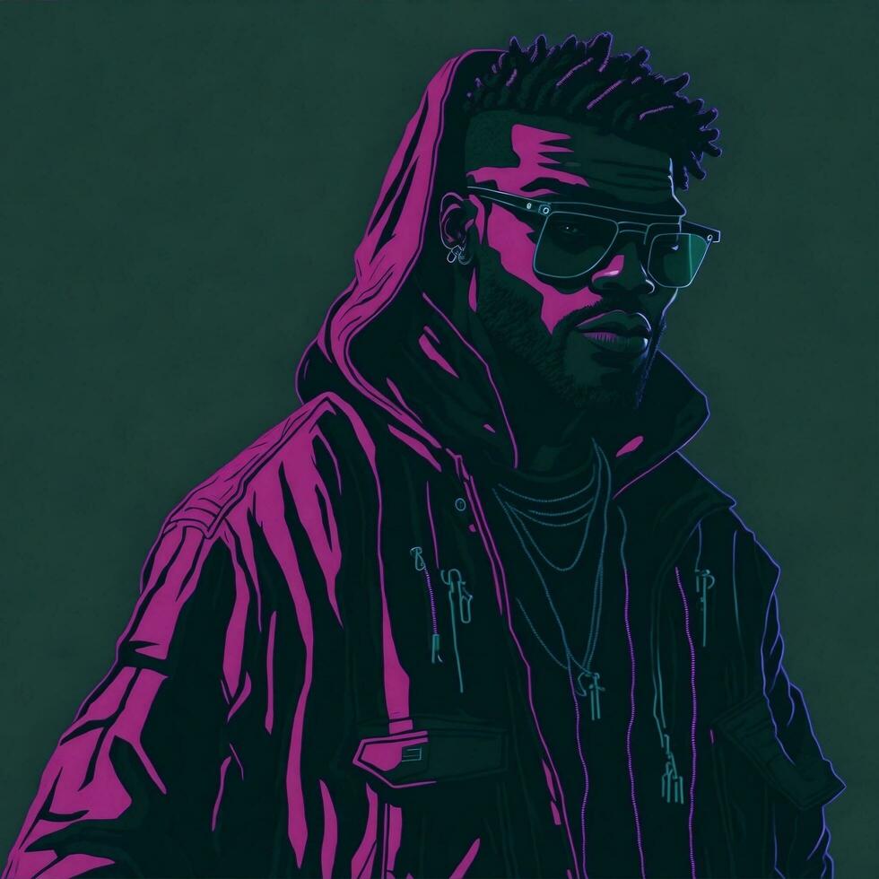 illustratie van een zwart rapper in een Purper en groen duotoon stijl, ai generatief foto