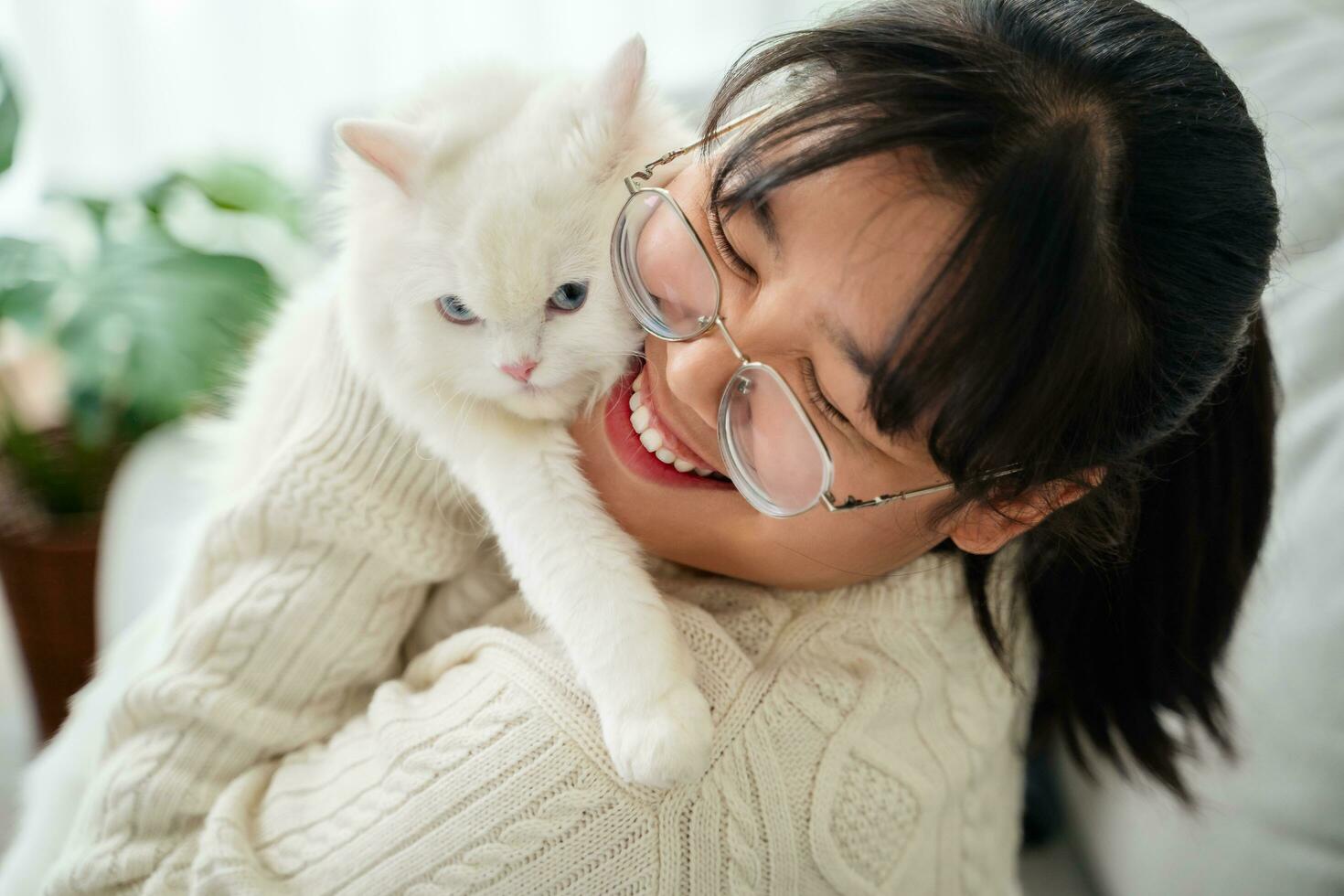 gelukkig vrouw spelen met kat in knus leven kamer Bij huis. foto