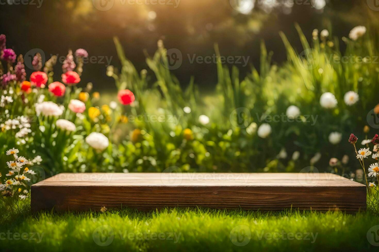 een rustiek houten voetstuk omringd door bloemen in de herfst natuur landschap foto achtergrond ai generatief