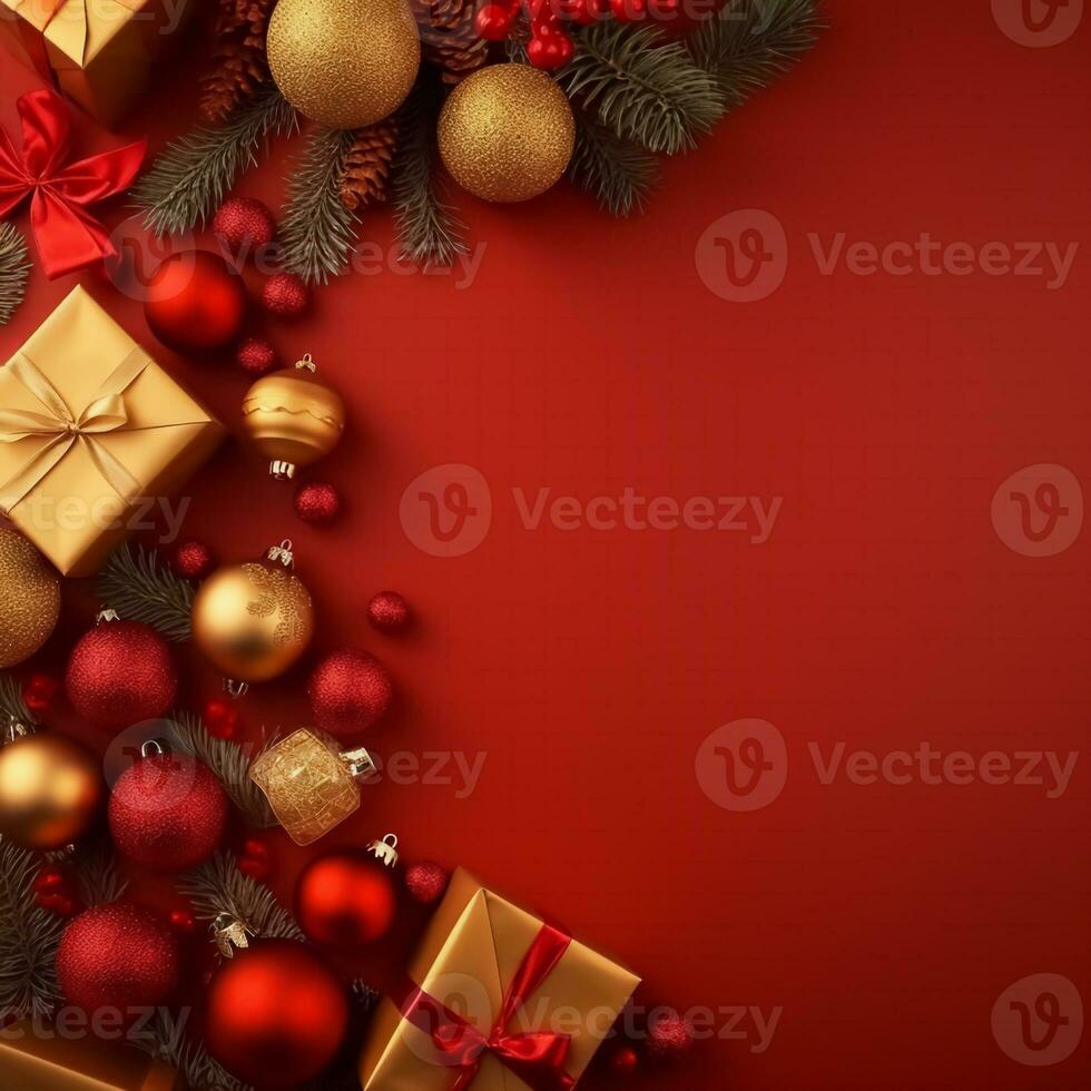 Kerstmis cadeaus en ballen, kerstballen Aan rood achtergrond gegenereerd ai foto