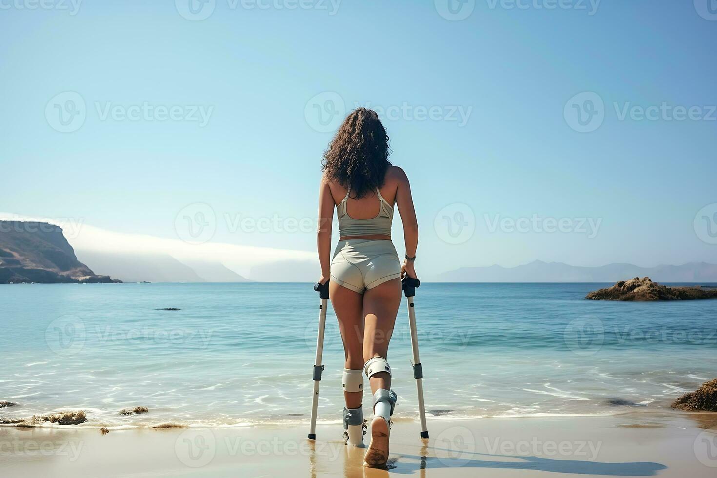 een jong gehandicapt vrouw met prothetisch poten in een kort grijs trainingspak poses tegen de backdrop van de zee in zonnig het weer. vrouw poseren met haar terug naar de camera. ai generatief foto