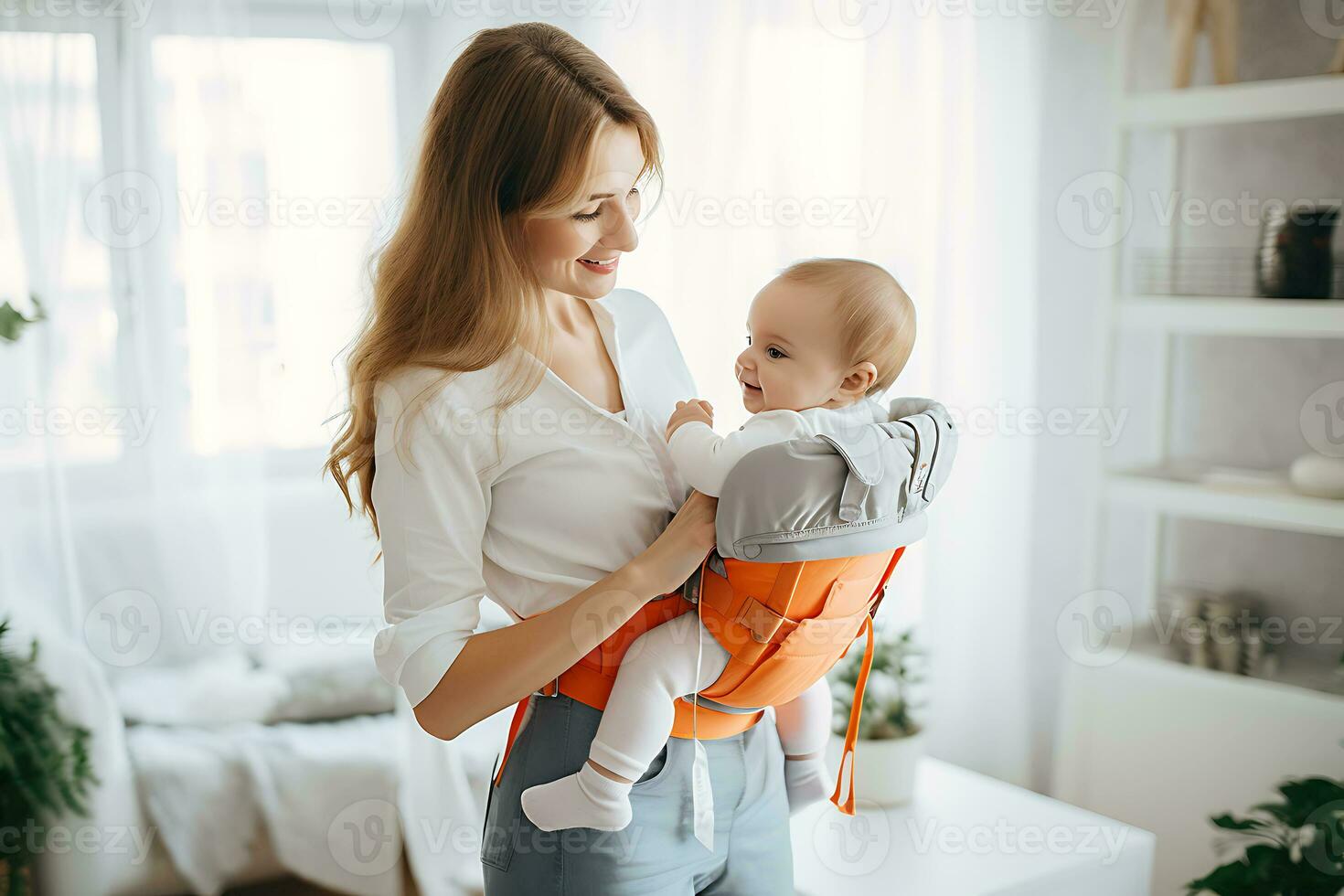 een jong moeder is in de midden- van de leven kamer Holding haar baby in een kangoeroe vervoerder. moeder looks Bij de baby en glimlacht. ai generatief foto