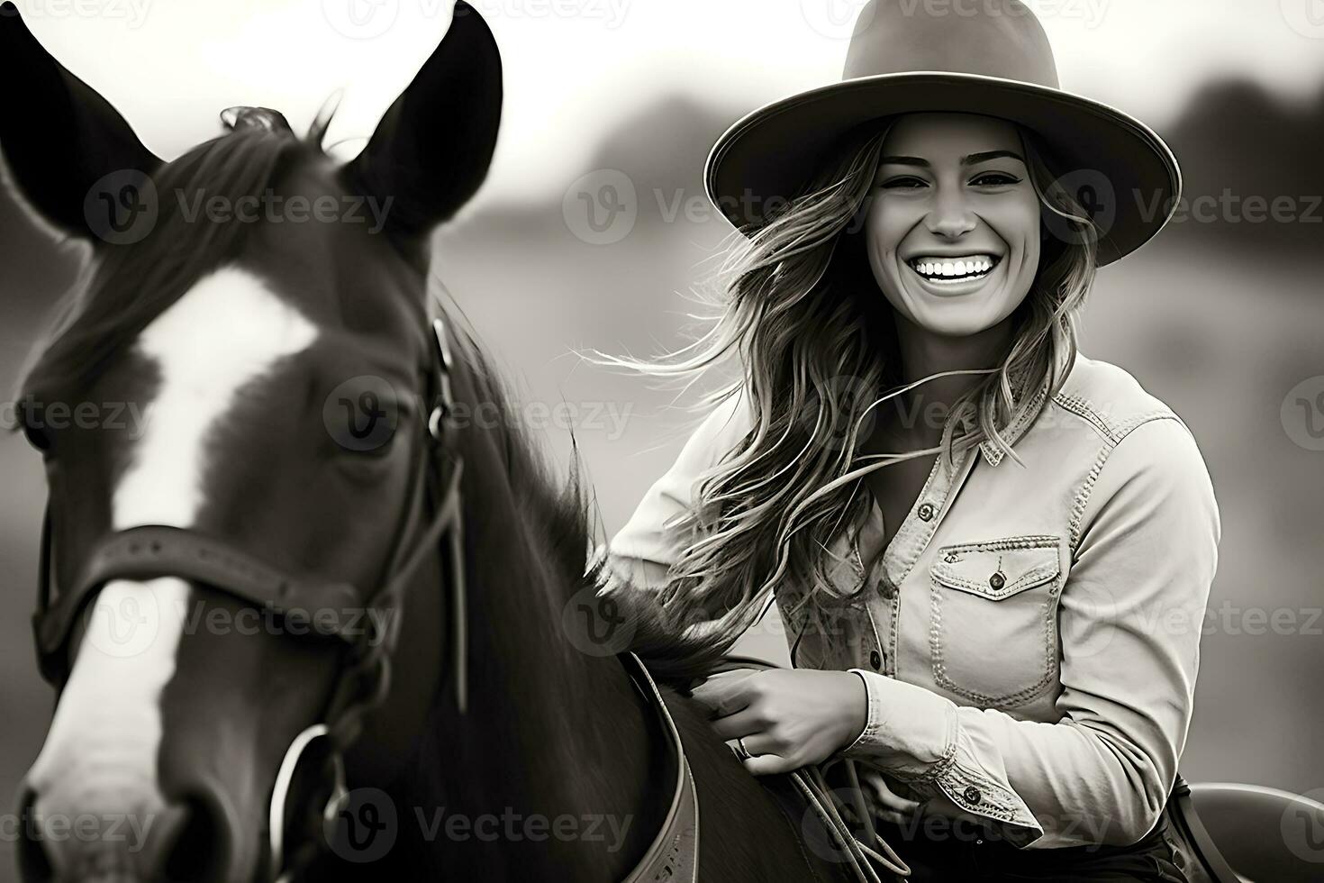 ai generatief. een jong veedrijfster vrouw in een cowboy hoed lacht. fotografie in zwart en wit. horizontaal foto
