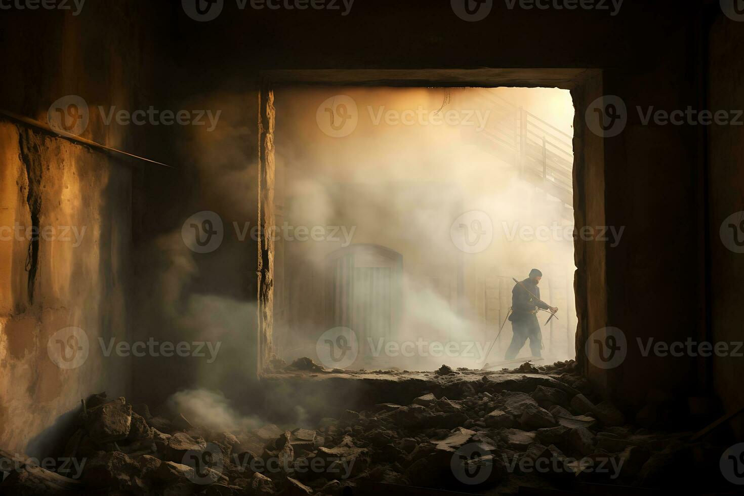 ai generatief. vernietigd en verbrand gebouw in de stad met een groot gebroken venster foto