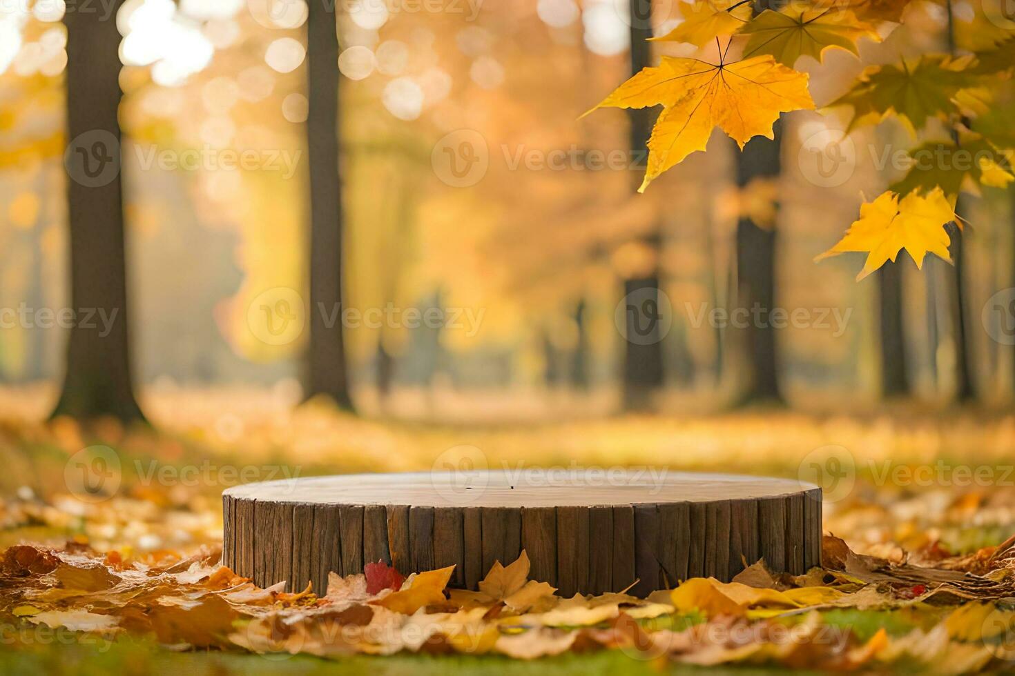 een rustiek houten Product voetstuk omringd door esdoorn- bladeren in de herfst natuur landschap premade foto mockup achtergrond