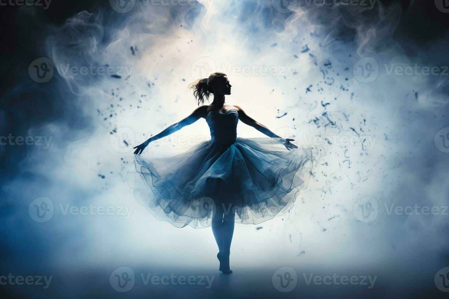 ballerina silhouet in een pluizig jurk Aan stadium in wolken van rook en schijnwerpers. gegenereerd door kunstmatig intelligentie- foto