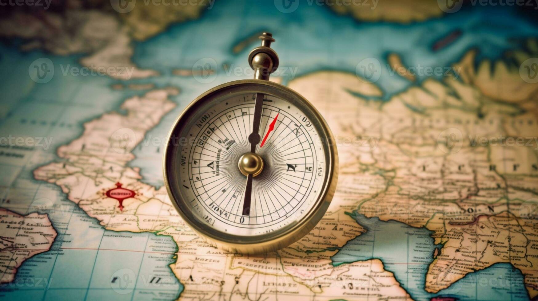 magnetisch kompas en plaats markering Aan wereld kaart voor avontuur en reizen concept. generatief ai foto