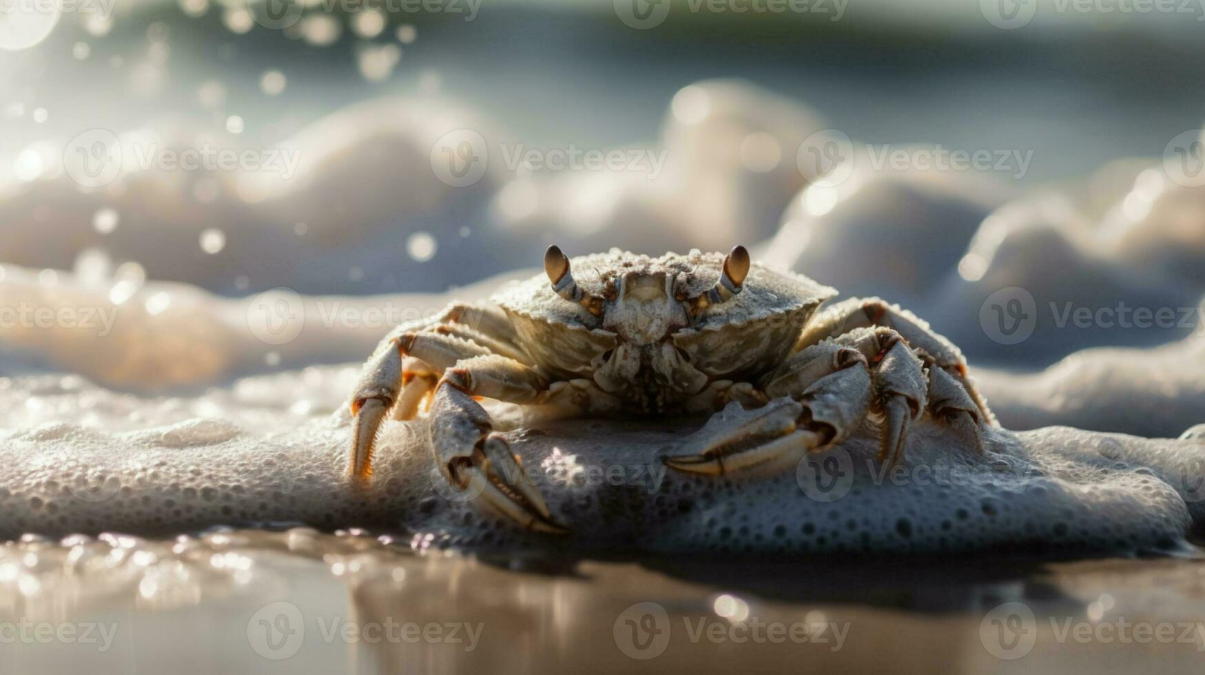 een krab kruipt Aan een zanderig strand onder de helder zon. de golven van de zee kan worden gezien in de achtergrond . generatief ai foto