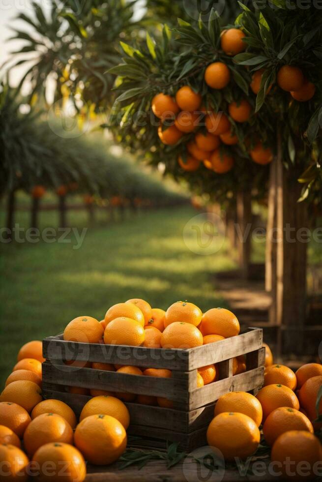 vers sinaasappels in een houten krat met een wazig achtergrond in een oranje boerderij, ai generatief foto
