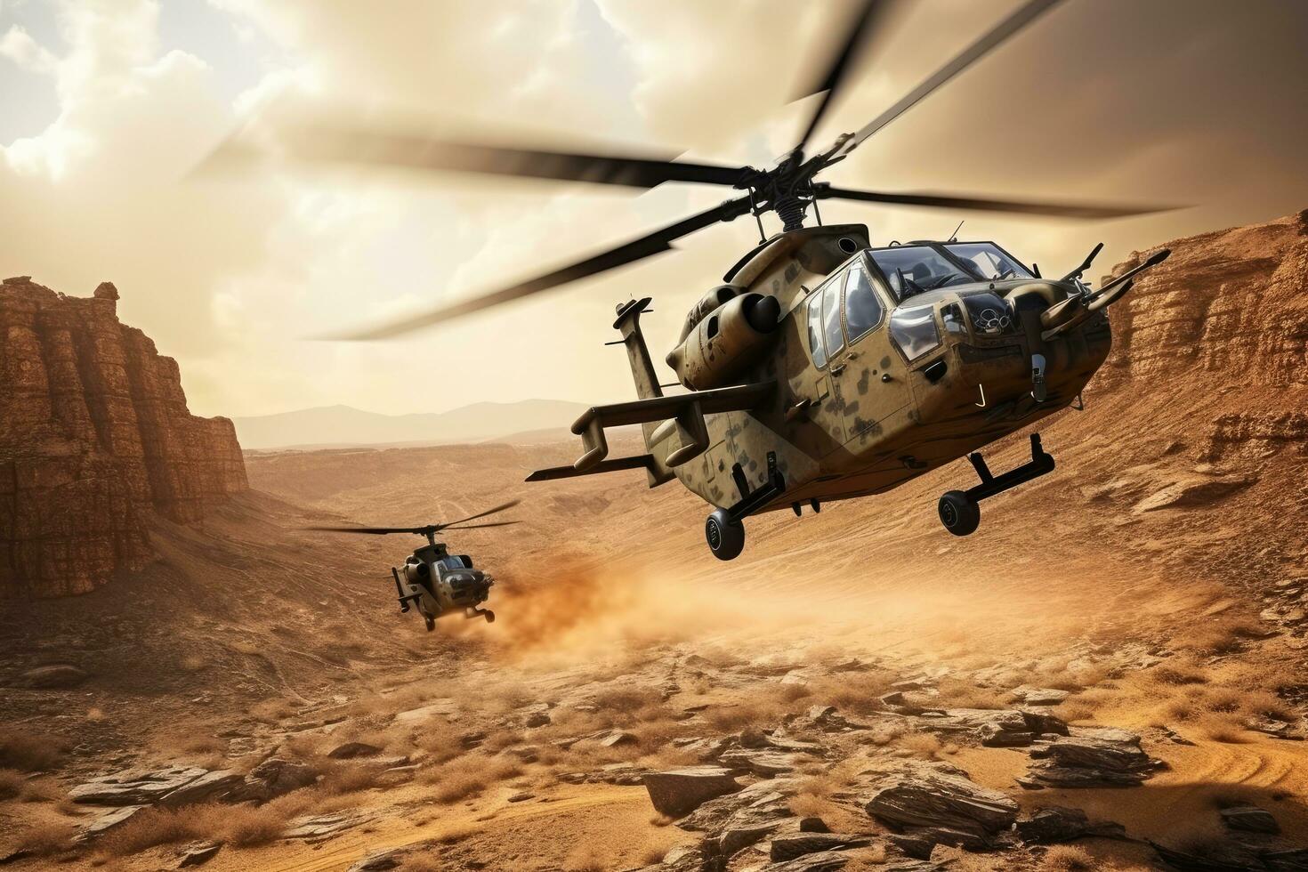 helikopter in de woestijn. 3d illustratie. veroorzaken, helikopter in de woestijn. leger tafereel. 3d veroorzaken, aanval helicopters vliegend in een oorlogsgebied en schieten, ai gegenereerd foto