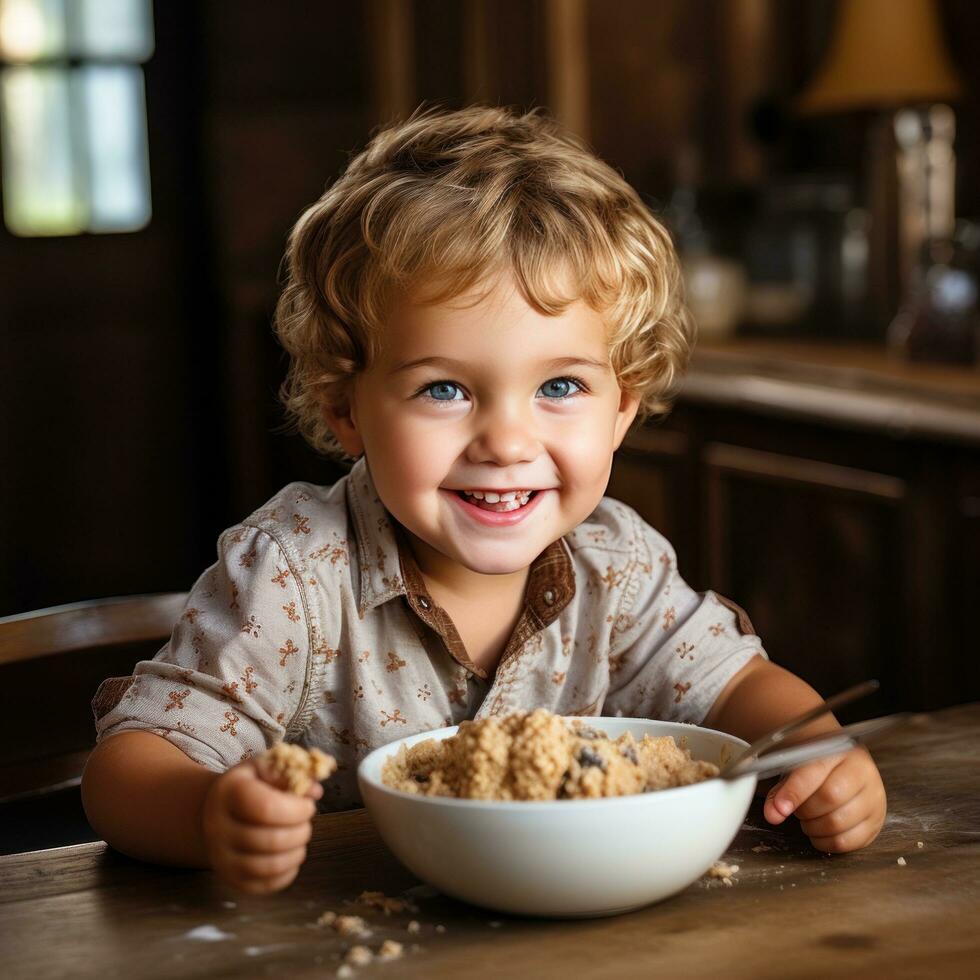 aanbiddelijk kind roeren koekje deeg met een houten lepel foto