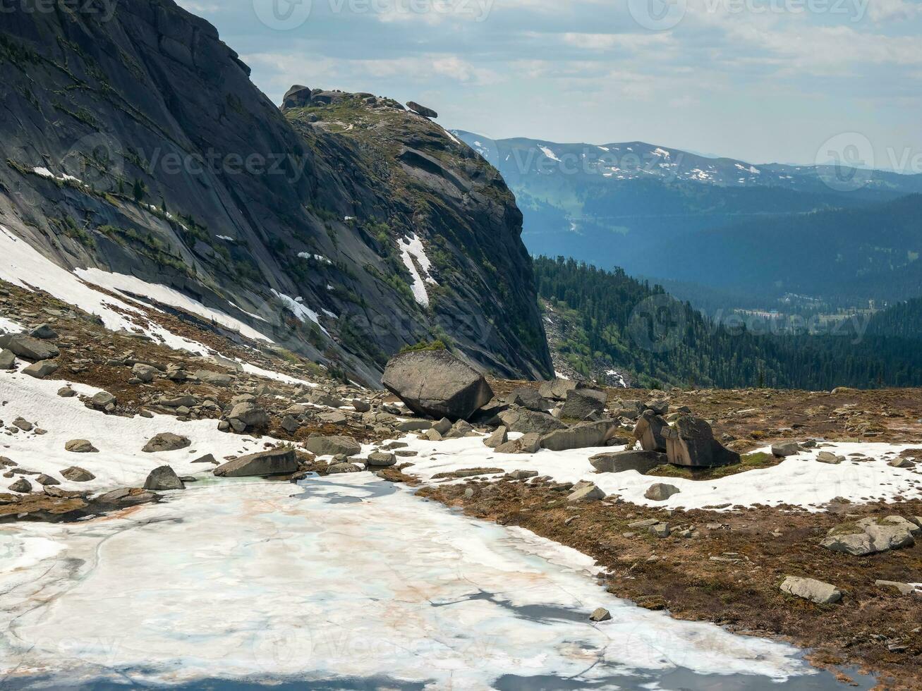 verbazingwekkend visie van een gletsjer Aan een grote hoogte plateau. een hangende steen Aan een rots en glaciaal berg vallei in zomer. west Sayans bergen. foto