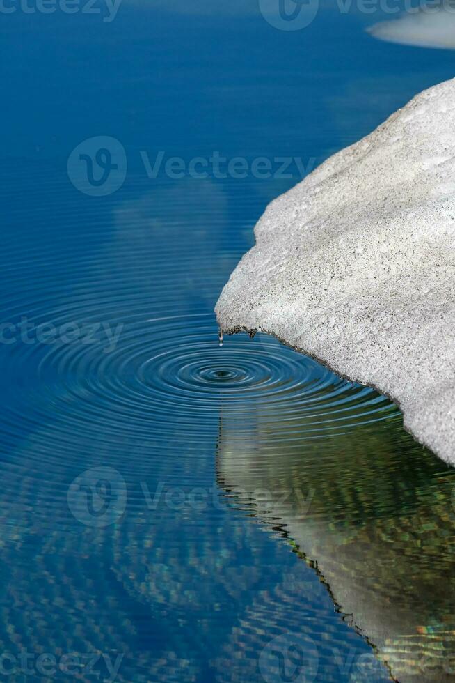 verticaal visie van ronde druppels van water Aan de oppervlakte van een kristal berg meer van de smelten van een gletsjer. water druppels vallen Aan de oppervlakte van de water en spatten. bureaublad laptop behang. foto
