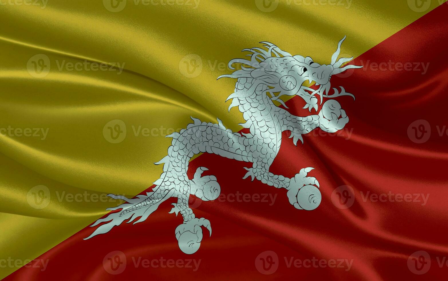 3d golvend realistisch zijde nationaal vlag van bhutan. gelukkig nationaal dag Bhutan vlag achtergrond. dichtbij omhoog foto