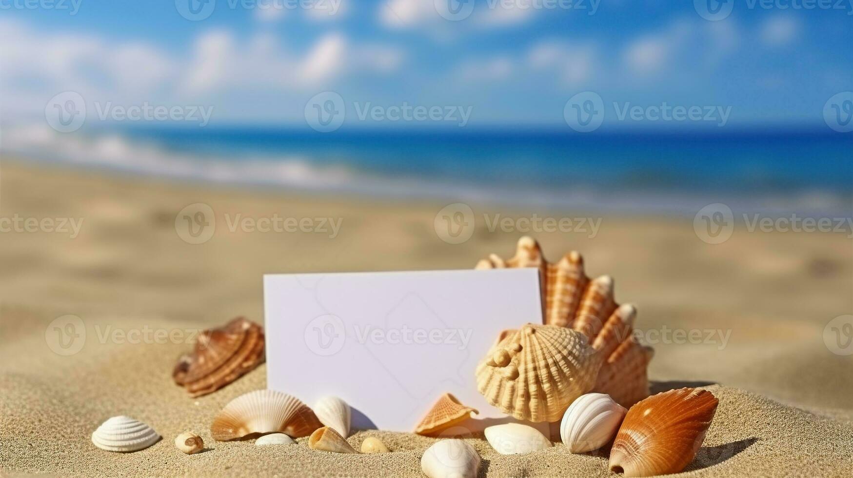 schelpen met blanco kaart Aan zand strand, generatief ai foto